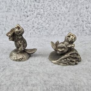 Vtg Little Gallery Pewter Two Beaver Figures Hallmark 1977 Wildlife Cottagecore